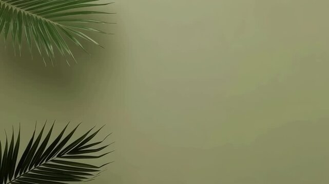 Palm Leaf Shadow on Olive Wall with Tropical Plant Foliage Botanical Background