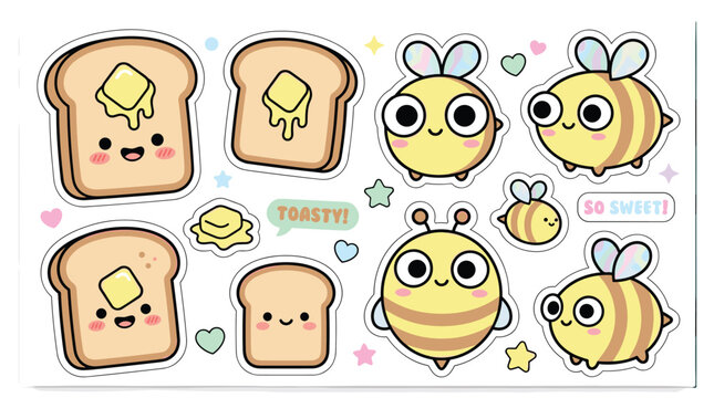 Kawaii toast and honey bee cartoon sticker set.