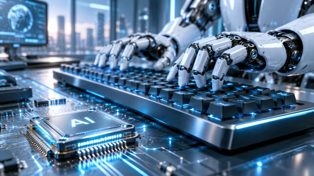 Futuristic robot hands typing illuminated keyboard with AI chip and circuit board high tech workspace, dynamic cinematic low angle three quarter
