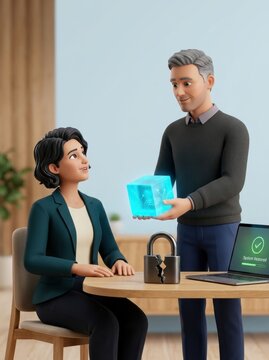 Man and woman discussing cybersecurity with data protection and system recovery
