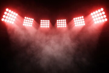 Obraz premium Red stadium lights illuminate a dark arena filled with smoke. Bright spotlights create a dramatic atmosphere. This empty venue glows with intense energy, perfect for sporting events or concerts.
