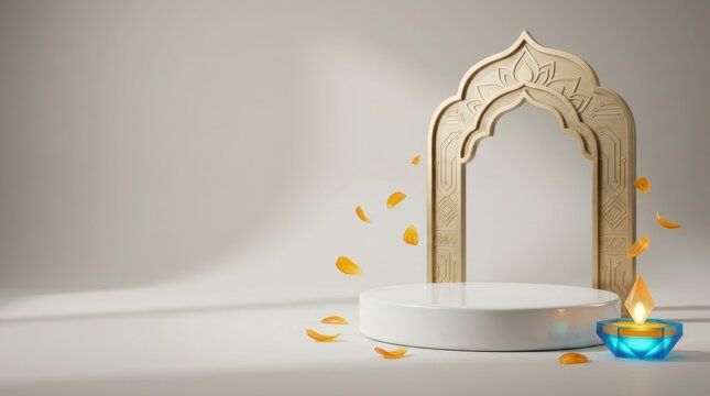 Elegant podium with golden arch and lit diya, with falling orange petals