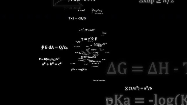 Mathematical, chemistry, and physics formulas and scientific overlay, 4k resolution transparent background alpha channel