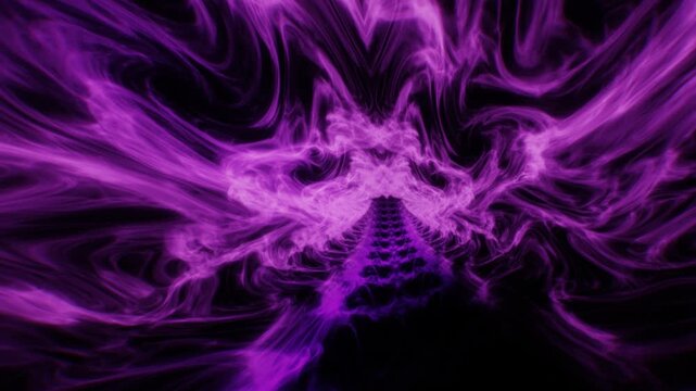 Dark violet and deep purple smoke corridor moving infinitely forward through mystic ethereal mist in a 3D render
