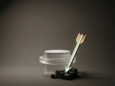 Golden arrow hitting a broken cube next to a clear pedestal, symbolizing accuracy