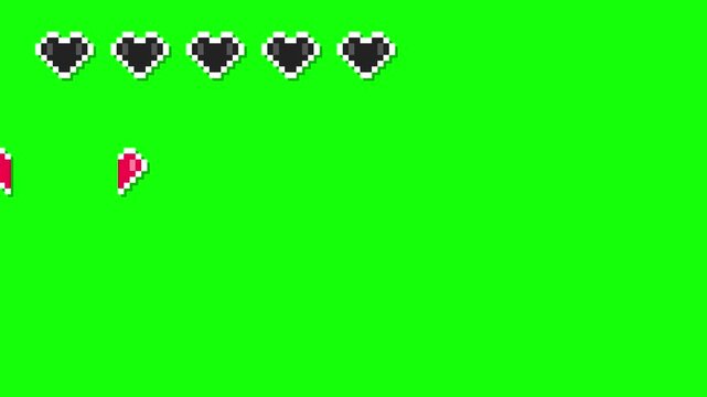 Pixel art retro game health bars with heart icons on green screen