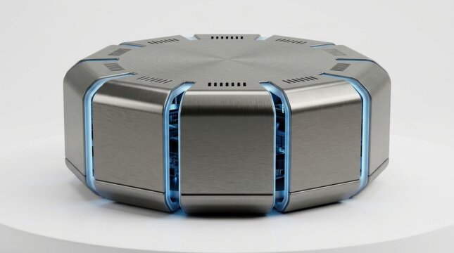 Modern metallic cybersecurity device with blue glowing accents for digital protection