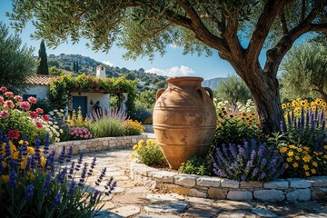 Obraz premium Large clay amphora pot sits in sunny Greek garden under olive tree shade. Colorful flowers, lavender grow in stone flowerbeds near rustic white house. Beautiful Mediterranean landscape with summer