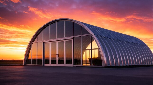 Modern quonset hut with large glass doors stands under vibrant sunset sky. Metal arched building silhouette features contemporary industrial architecture. Beautiful evening landscape with orange