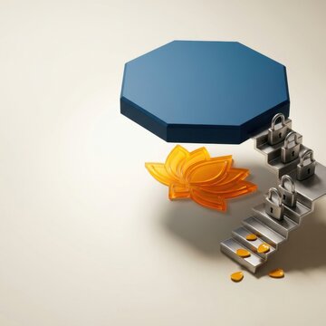 Cybersecurity concept with hexagonal platform and locked staircase
