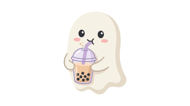 Cute minimalist flat vector illustration of a friendly cartoon ghost drinking boba pearl milk tea with a purple straw and black tapioca pearls isolated on a white background.