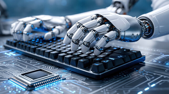 Futuristic robotic hand typing on keyboard over glowing circuit board, high tech cybernetic interface with blue lighting