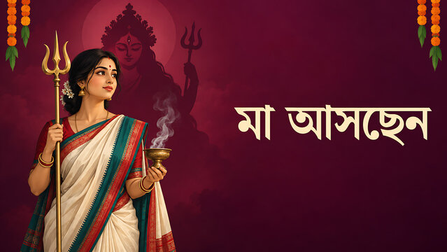 Mahalaya bengali woman holding golden trident and incense in traditional saree with goddess silhouette celebrating durga puja arrival devotion festival and culture