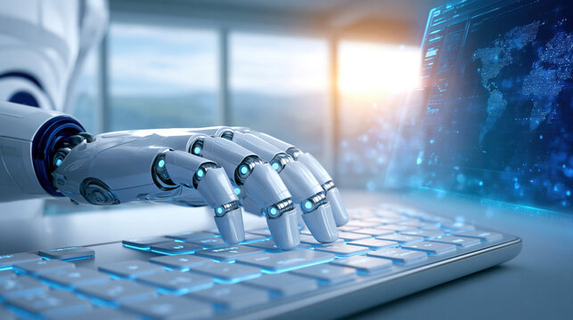 Futuristic robot hand typing illuminated keyboard with holographic world map and data display, cinematic bright futuristic scene, dynamic lighting