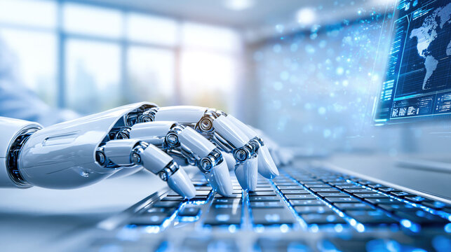 Futuristic robotic hand typing on laptop keyboard in bright modern office, conveying automation and advanced technology inspiration