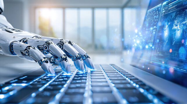 Futuristic robot hand typing on illuminated laptop keyboard in modern office, high tech blue glow and data display creating energetic atmosphere