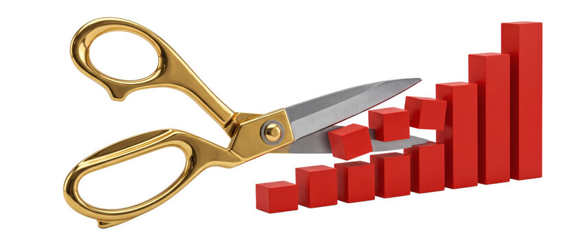 Golden scissors cutting red bar chart on transparent background, sharp finance shears trimming rising economic statistics pillar columns. Corporate strategy creates profitable management.