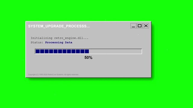 Digital interface displaying a system upgrade process with a progress bar indicating data initialization, set against a vibrant green screen background