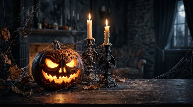 Halloween pumpkin with lantern with copy space 