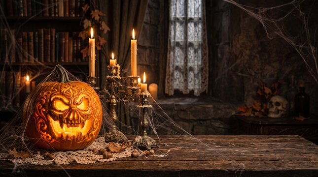 Halloween pumpkin with lantern with copy space 