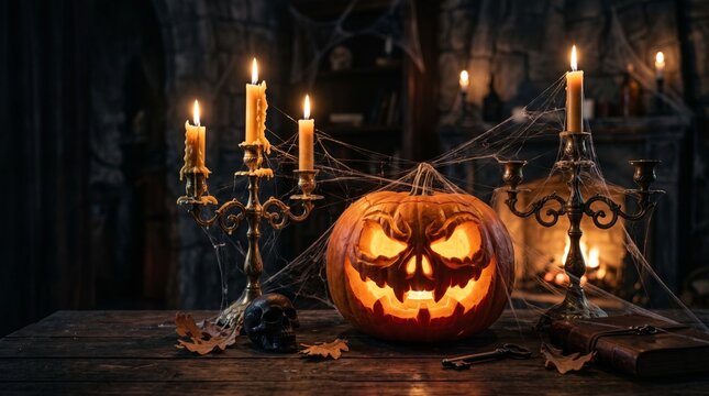 Halloween pumpkin with lantern with copy space 