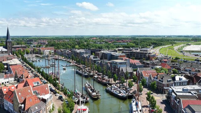 Aerial view of Zuiderhaven in Harlingen, the Netherlands