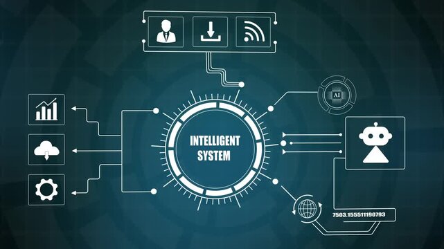 Intelligent system digital technology dashboard, artificial intelligence network interface concept, futuristic cloud computing background.
