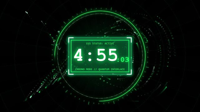 Futuristic digital countdown timer with glowing green interface system status active chrono mode
