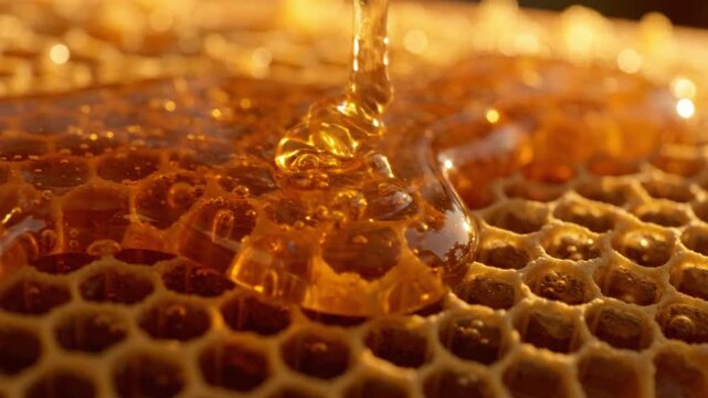 Liquid Gold: A close-up macro shot showcases the rich, golden texture of honey dripping onto a honeycomb.