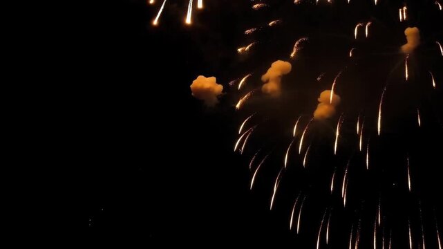 Firework Display Across Dark Night Sky with Golden Light Trails and Radiant Celebration Glow