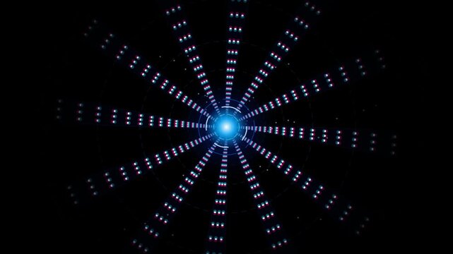 Futuristic radial light tunnel with glowing blue core and pulsing l e d arrays creating a dynamic