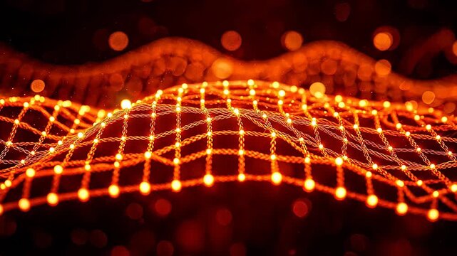 Golden glowing grid structure with bright nodes on a dark warm background