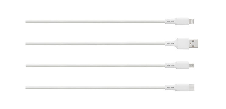 White USB charging cables set with lightning, usb a, micro usb, and type c plugs isolated on white background. Modern mobile device connectivity accessory asset for technology store catalog