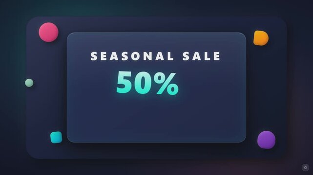 Seasonal sale promotional animation with fifty percent discount offer, glowing cyan typography, dark rounded card, colorful floating shapes and orange call to action button for retail marketing