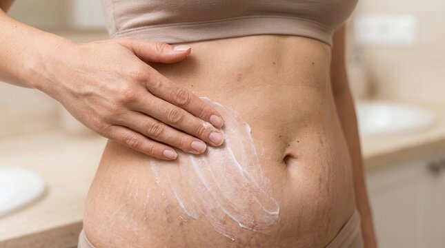 hand applying cream to stretch marks on stomach
