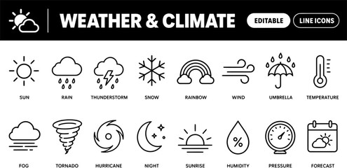 Obraz premium Weather forecast and climate line icons set vector