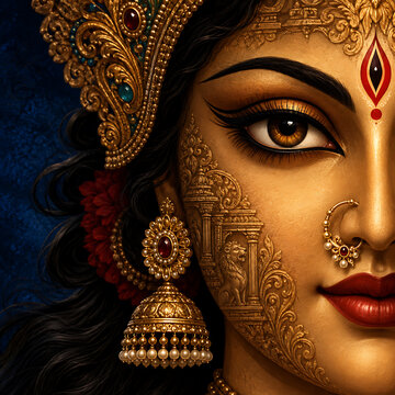 Durga puja goddess closeup with expressive eye ornate golden jewelry and detailed face art celebrating mahalaya bengali devotional festival beauty and tradition