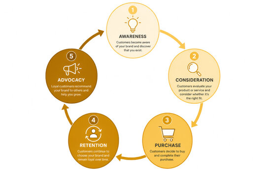 Customer journey cycle infographic with five stages