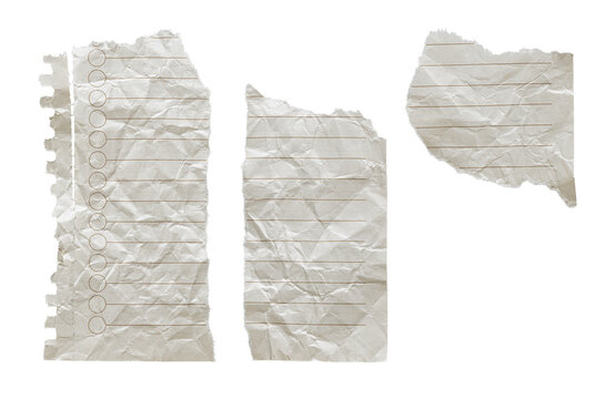 Set of crumpled torn beige paper scraps isolated on white background. Ripped notebook checklist pieces with realistic shadows for time management layouts, collages and to-do templates
