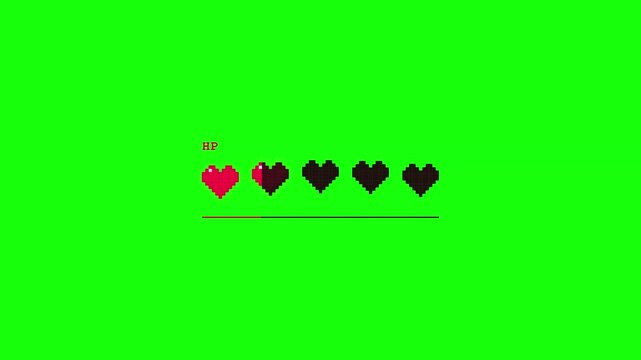 Pixel heart health bar decreasing animation on green screen