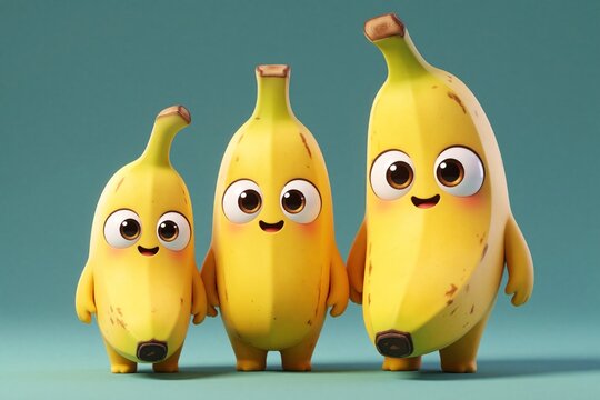 Three cute 3D banana characters stand in row on teal background. Happy yellow fruit mascots big eyes, funny smiles. Funny cartoon food family poses for kids poster summer web design concept with