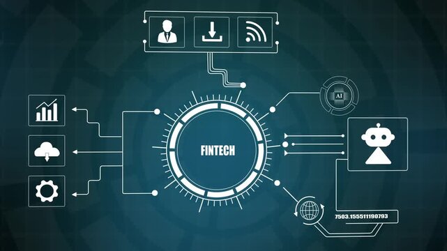 Fintech digital financial technology background, automated online banking network connection, futuristic business data processing interface display.