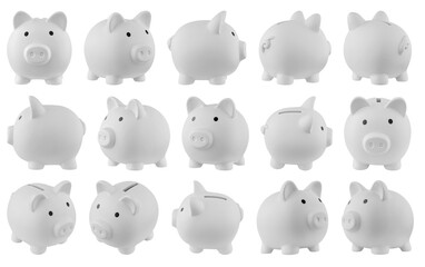Cute Gray piggy bank shown from all sides, perfect for teaching kids about money and saving habits. Isolated studio shot for educational content © Minakryn Ruslan 