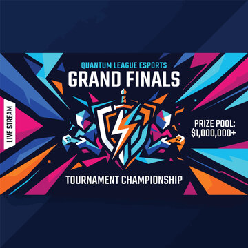 Esports tournament grand finals banner with bold shield and lightning emblem