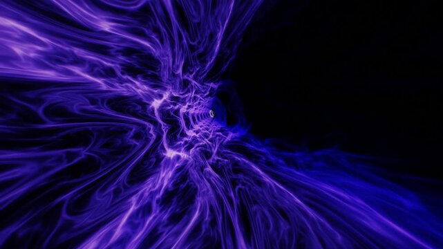 Electric purple and blue energy plasma waves flare outward from a central cosmic tunnel core in a 3D animation