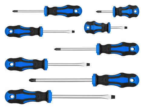 Assorted flathead and phillips Blue screwdriver kit with magnetic tips. Premium hardware tool collection template for online store catalog and copy space