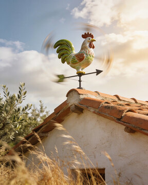 Hand painted ceramic weathervane rooster spinning wind rapidly on a terracotta tile roof in sunlight.