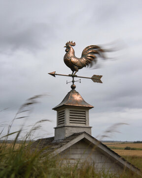 Antique copper weathervane rooster spinning wind atop a farm shed cupola in windy prairie gale.