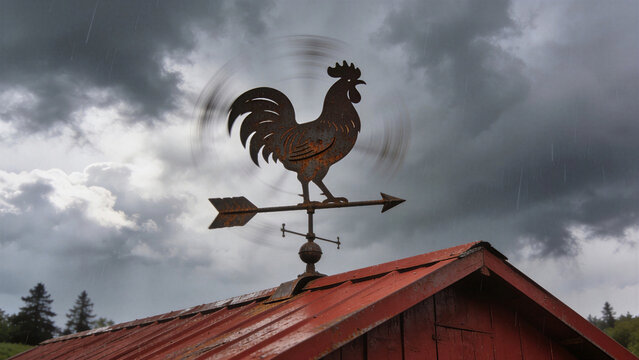 Rusty silhouette weathervane rooster spinning wind on a red tin barn roof during an oncoming storm.