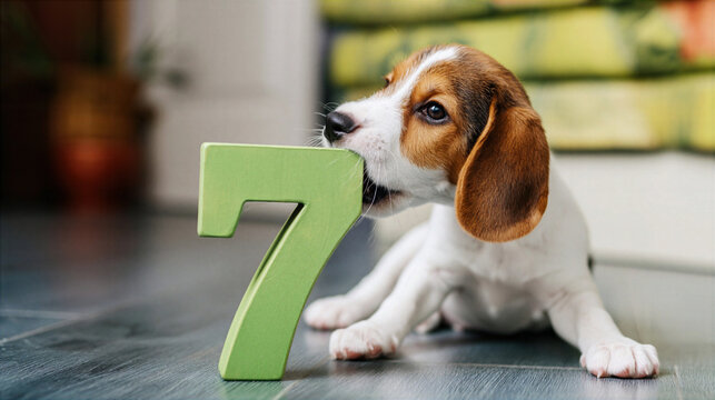Puppy biting green number seven toy on floor with curious expression